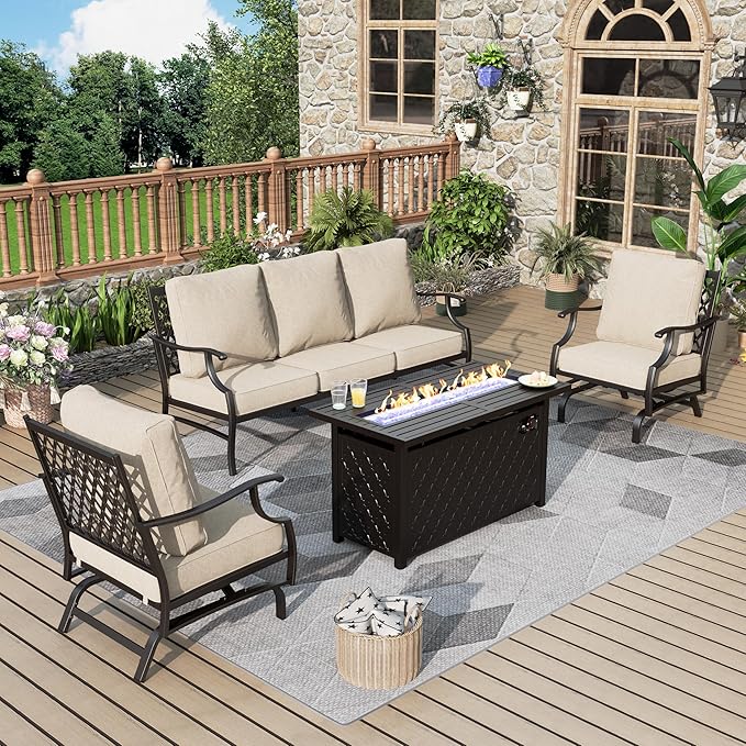 Patio Furniture Set with Firepit Table, 4 Pcs Metal Outdoor Conversation Set, 2 Rocking Chairs and 3 Seater Sofa with 5.75" Extra Thick Cushion and Gas Fire pit Table for Backyard Deck, Beige