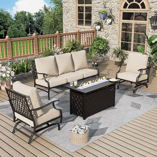 Patio Furniture Set with Firepit Table, 4 Pcs Metal Outdoor Conversation Set, 2 Rocking Chairs and 3 Seater Sofa with 5.75" Extra Thick Cushion and Gas Fire pit Table for Backyard Deck, Beige