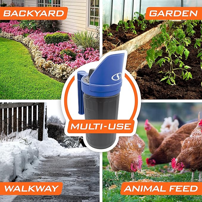 Snow Joe SJSPD1 Handheld All-Season Multi-Purpose Spreader, 5 lbs, w/Adjustable Dial Flow Control, for Ice Melt, Grass Seed and More, Blue/Black