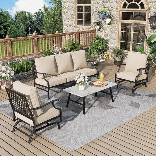 Patio Furniture Set 4 pcs, Outdoor Patio Furniture, 3-Seat Sofa, 2 Rocking Chairs, Metal Coffee Table and 5.75" Extra Thick Cushion, Patio Conversation Set for Garden Backyard Deck,Beige