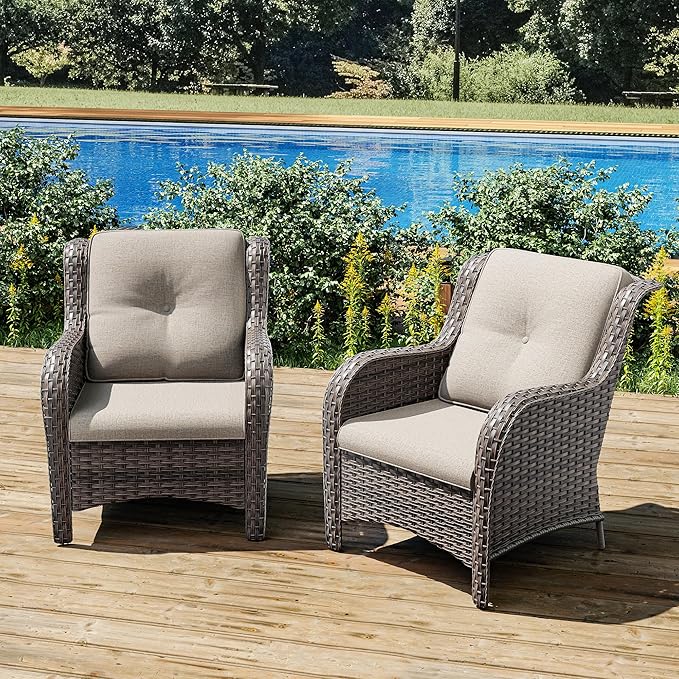 Joyside Outdoor Wicker Chair Rattan Patio Dining Chairs Set of 2 PE Wicker Patio Chairs with 4inch Seat Cushions Outdoor Patio Seating Chair for Garden(Mixed Grey/Beige)
