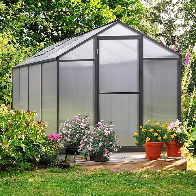 BlueWish 6x8FT Greenhouse, Walk-in Green House with Adjustable Vents, Rivet Structure, Greenhouses for Outdoors with Polycarbonate, Aluminum Heavy Duty Greenhouse Kit for Garden, Gray