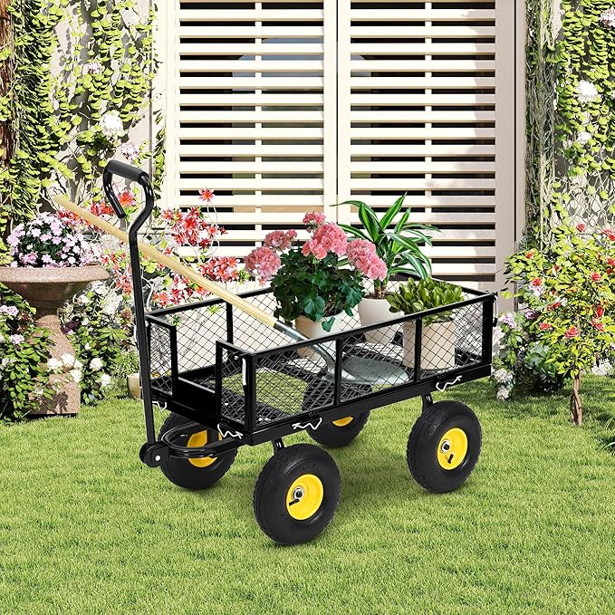 Steel Garden Cart, 550 LBS Heavy Duty Metal Garden Wagon with 10" Wheels, Metal Push Wagon with 180° Rotating Handle and Removable Sides for Farm, Yard