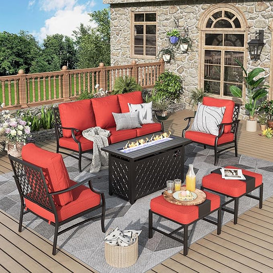 Patio Furniture Set, 6 Pcs Metal Outdoor Conversation Set, 2 Single Chairs, 2 Ottomans and 3 Seater Sofa with 5.75" Extra Thick Cushion and Gas Fire Pit Table, Red
