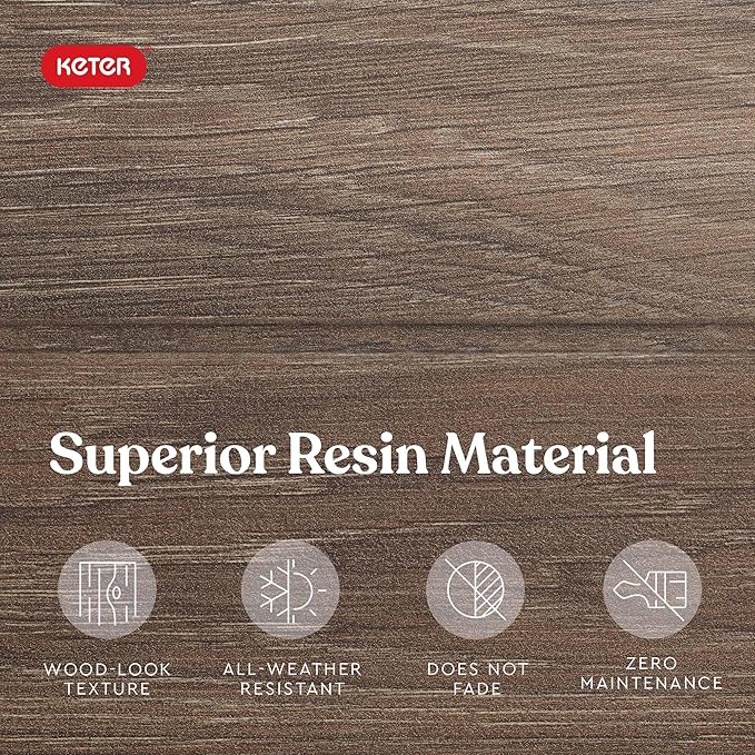 Keter Signature Everwood 30 Gallon Resin Outdoor Storage Box and Patio Furniture Side Table for Pool and Garden Accessories, Walnut