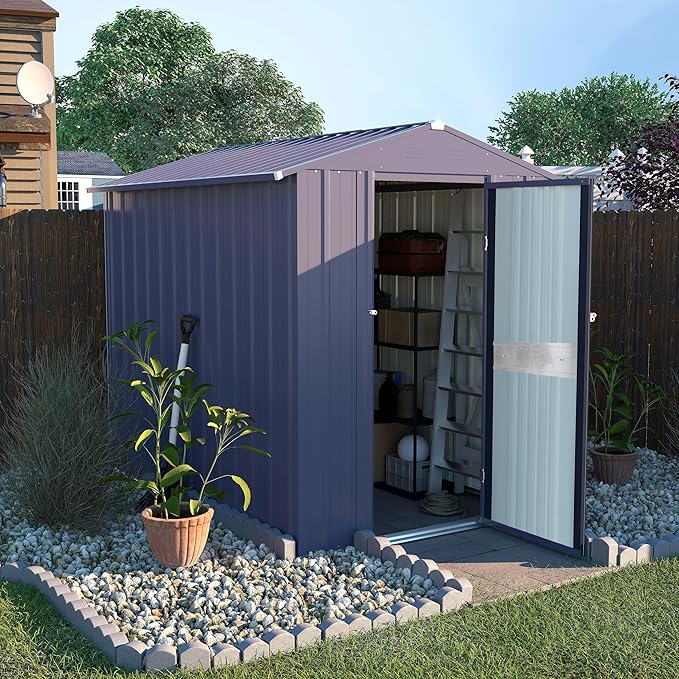 MUPATER 4 x 6 FT Outdoor Storage Shed, Galvanized Metal Garden Tool Shed, Patio Furniture Storage House with Slooping Roof, Lockable Door and Vents for Backyard and Garden, Grey