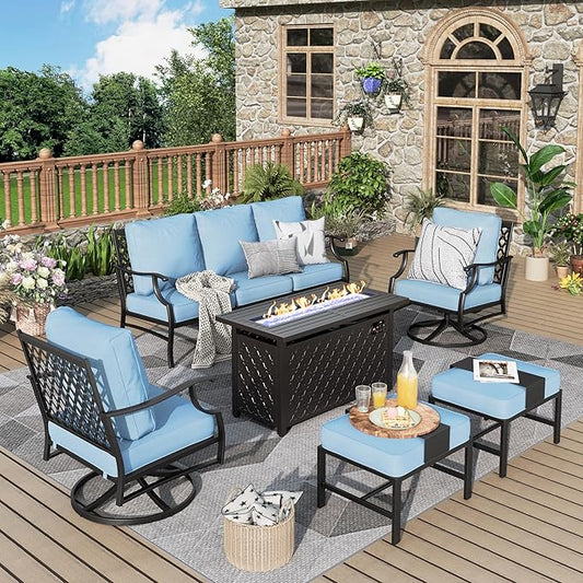 Patio Furniture Set, 6 Pcs Metal Outdoor Conversation Set, 2 Swivel Chairs, 2 Ottomans and 3 Seater Sofa with 5.75" Extra Thick Cushion and Gas Fire Pit Table, Blue