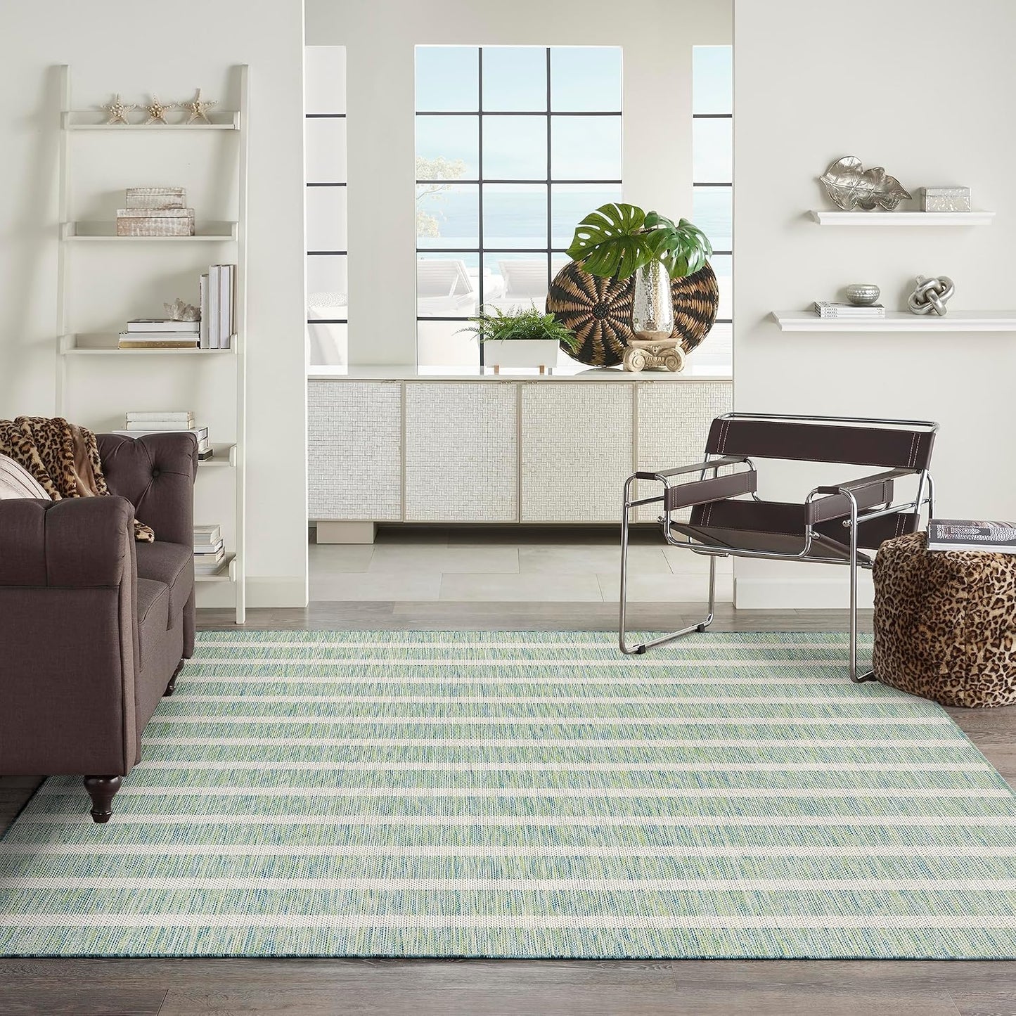 Nourison Home Positano 9' x 12' Indoor/Outdoor Blue Green Ivory Area Rug, Easy Cleaning, Non Shedding, Coastal Style, Striped, Rectangular