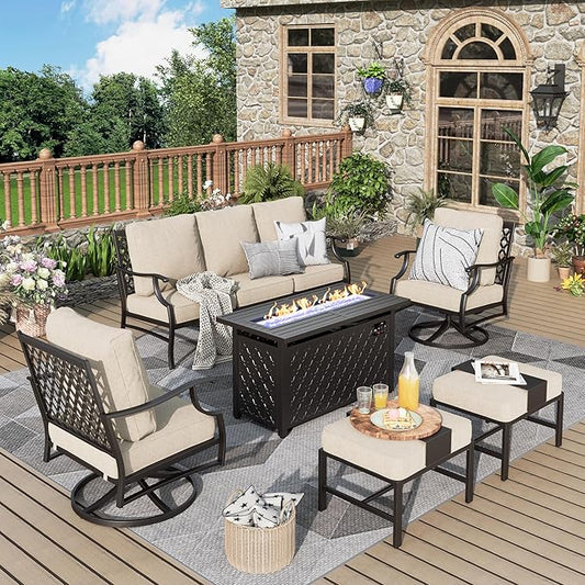 Patio Furniture Set, 6 Pcs Metal Outdoor Conversation Set, 2 Swivel Chairs, 2 Ottomans and 3 Seater Sofa with 5.75" Extra Thick Cushion and Gas Fire Pit Table, Beige