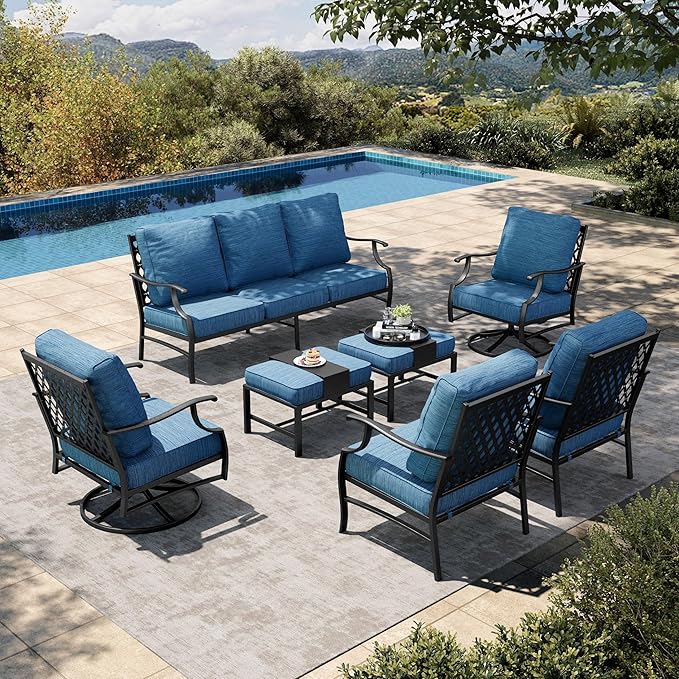 HERA'S HOUSE 7 Piece Patio Furniture Set, 2 x Swivel Chair, 2 x Leg Chair, 2 x Ottoman, 1 x 3-Seat Sofa, All Cushioned 9 Seats Metal Outdoor Conversation Set for Lawn Garden Backyard