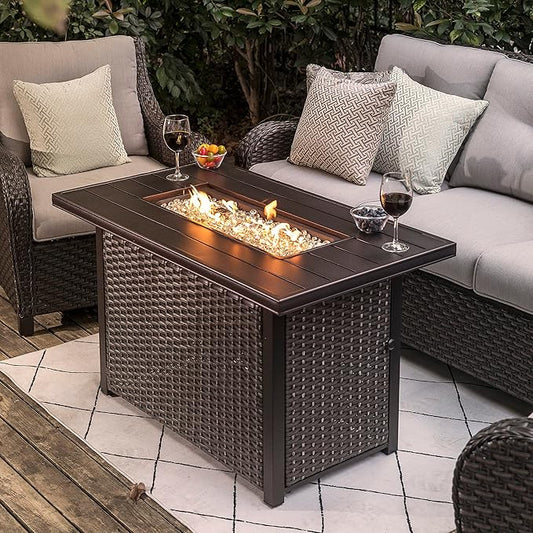 Nuu Garden 43 Inch Propane Fire Pit Table, CSA Certified 50,000 BTU Outdoor Patio Propane Fire Pit Table with 7 lbs Glass Stone and Removable Lid, Aluminum Tabletop, Water-Proof Oxford Cover, Brown