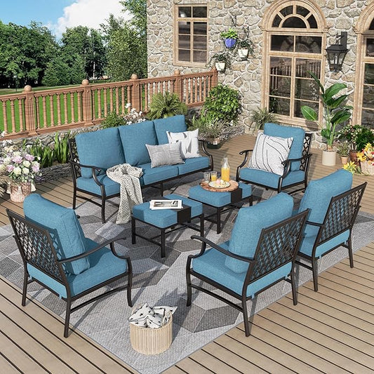 Patio Furniture Set 7 pcs, Outdoor Patio Furniture, 3-Seat Sofa, 4 Single Chairs, 2 Ottomans and 5.75" Extra Thick Cushion, Conversation Set for Backyard Deck,Navy Blue