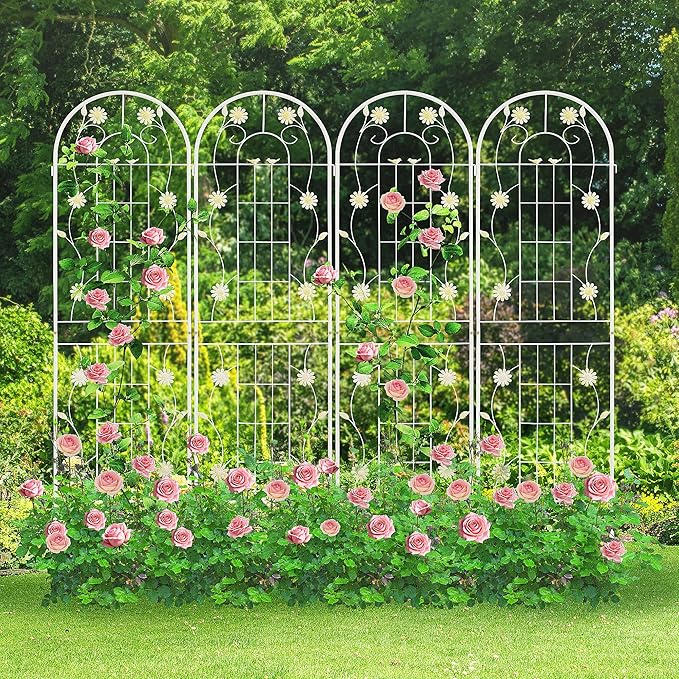 LZRS 4 Pack 71x20in Rustic Iron Arch Decoration Garden Trellis with Black Metal Coating – Perfect for Supporting Climbing Plants Outdoor, Roses, Vines, Flowers, and Vegetables.