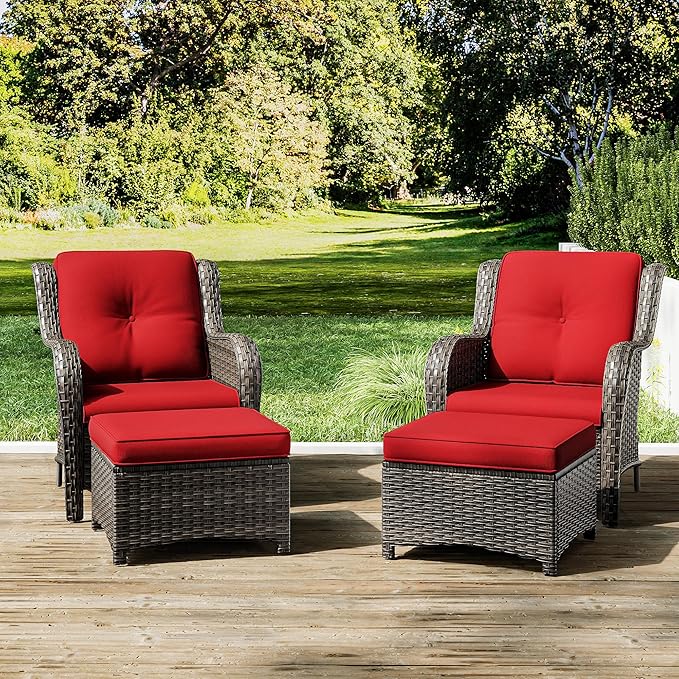 Joyside 4 Pieces Outdoor Patio Furniture Set Wicker Conversation Bistro Set 2 PE Wicker Patio Chairs with 2pcs Ottomans for Backyard, Porch, Balcony(Mixed Grey/Red)