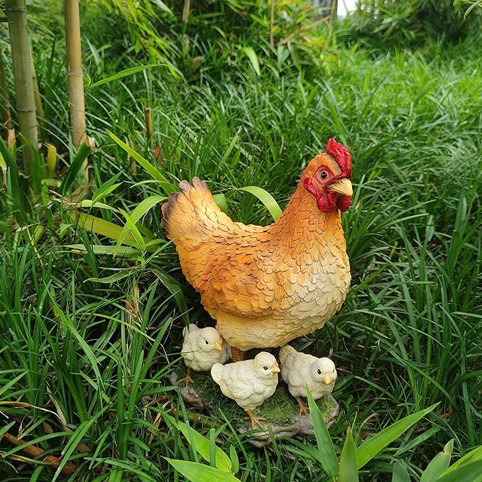 Garden Mother Hen and Baby Chick Statue Sculpture Standing Resin Farm Animal Decoration Chicken Sculpture Yard Art Outdoor Lawn Decoration 13.7'' High