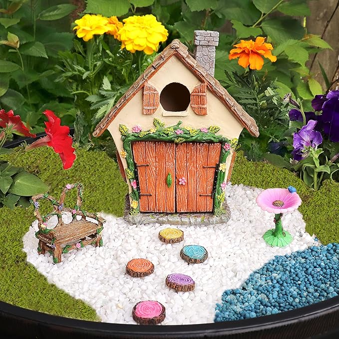 Meadow & Oak Fairy Garden House Kit - Complete with Fairy Garden Accessories, Butterly Seat, Bird Bath, Stepping Stones, Magnetic Door Closure for Indoor/Outdoor Fairy House