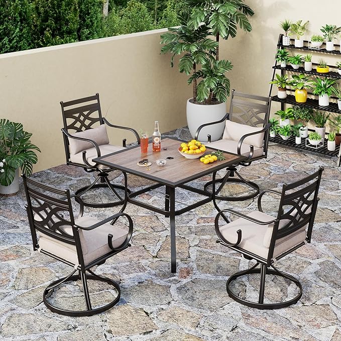 PHI VILLA Patio Dining Set for 4, 5 PCS Outdoor Dining Sets - 1 Square 37"x37" Dining Table (1.57in Umbrella Hole) & 4 Swivel Dining Chairs,Metal Patio Furniture for Outdoor Kitchen Lawn and Garden