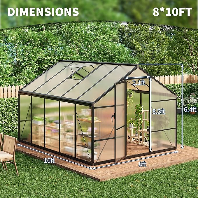 8x10 FT Greenhouse for Outdoors, Polycarbonate Greenhouse with Roof Vent, Ground Nails, Lockable Push Door, Aluminum Large Walk-in Green House for Outside Garden Backyard, Patio, Lawn, Black
