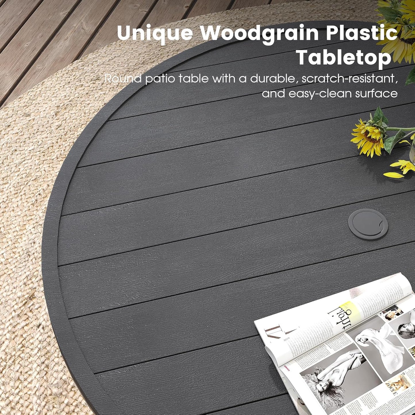 DIFY Round Outdoor Patio Dining Table for 8, 56.3" Patio Table with All-Weather Faux Wood Tabletop and Metal Steel Frame, Outside Table for Garden Porch Backyard, Black Tabletop