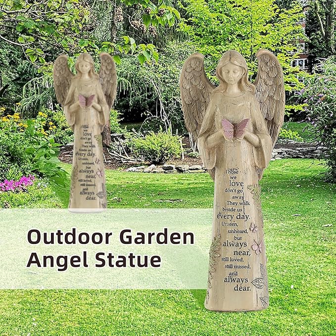 Garden Resin Angel Statue Standing with Butterfly, Patio and Lawn Decoration Outdoor Waterproof Sculpture Ornament for Angel Memorial Gifts Home Decoration, 10" H