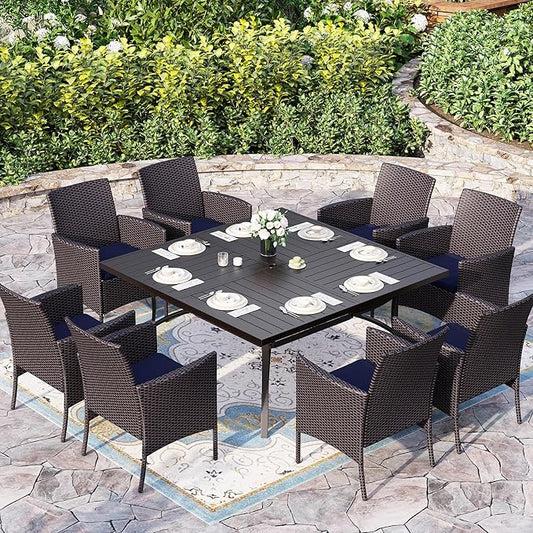 Sophia & William 9 Pieces Patio Dining Set for 8, All Weather Square Metal Patio Table and Wicker Chairs Set, Large Outdoor Dining Set for Outside, Black Tabletop