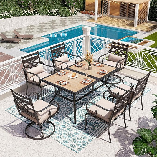 PHI VILLA Patio Dining Set for 6, 7 PCS Outdoor Dining Set-1 Rectangle 37x60in Dining Table (1.57" Umbrella Hole)&6 Patio Dining Chairs(Including 2 Swivel Chairs), for Outdoor Kitchen Lawn and Garden