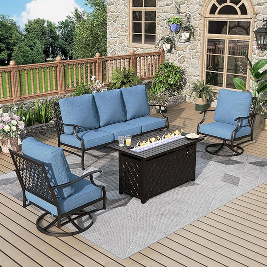 Patio Furniture Set, 4 Pcs Metal Outdoor Conversation Set, 2 Swivel Chairs and 3 Seater Sofa with 5.75" Extra Thick Cushion and Gas Fire Pit Table for Backyard Deck, Navy Blue
