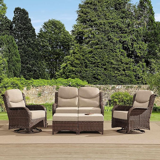 HILLGA Luxury High Back Patio Furniture Set with 6-Inch Thick Cushion, 5-Piece Outdoor Conversation Set with Loveseat, Swivel Rocker Chairs & Ottomans, Ideal for Porch Pool Deck Yard (Beige)