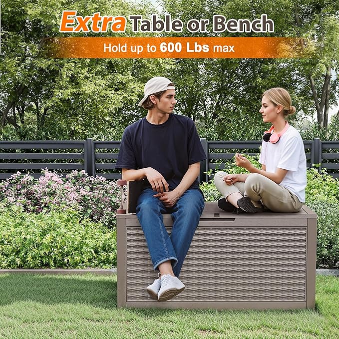 100 Gallon Resin Deck Storage Boxes Outdoor Waterproof, Lockable Outdoor Storage Container for Patio Cushions, Garden Tools, Pool Accessories,Grey