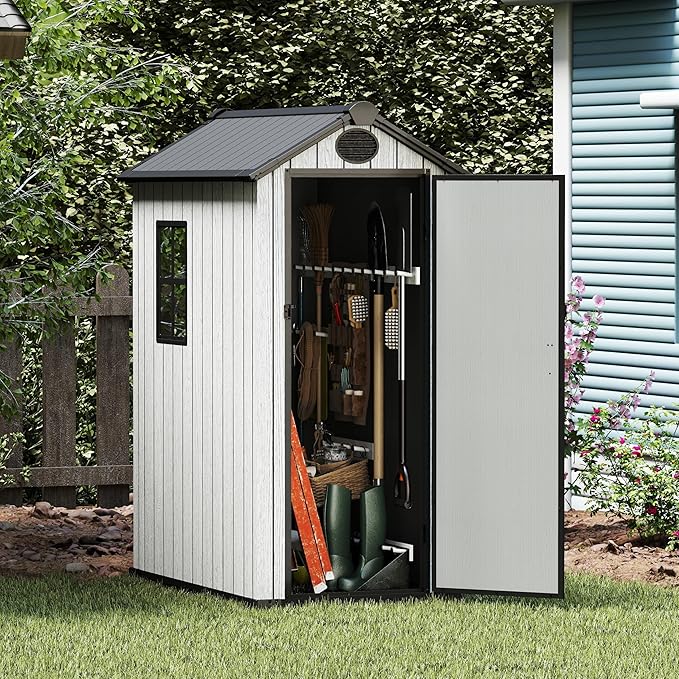 3 x 5 FT Shed Resin Outdoor Storage with Floor, Plastic Shed with Window and Lockable Door for Garden, Backyard, with Wood Texture, Grey