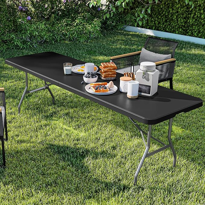 YITAHOME 8FT Heavy Duty Folding Table for Indoors & Outdoors Use, Versatile Rectangle Folding Table with Carrying Handle for Camping, Picnics, Parties, and Events, Black