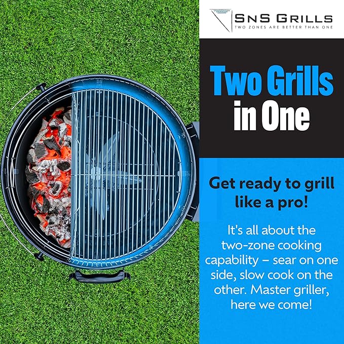 SnS Grills Original Kettle Charcoal Grill with Patented Slow 'N Sear Deluxe Insert and EasySpin Grate for Two-Zone Cooking, Low ‘N Slow Smoking and BBQing - Black 22-Inch