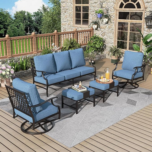 Patio Furniture Set 5 pcs, Outdoor Patio Furniture, 3-Seat Sofa, 2 Swivel Chairs, 2 Ottomans and 5.75" Extra Thick Cushion, Conversation Set for Backyard Deck,Navy Blue