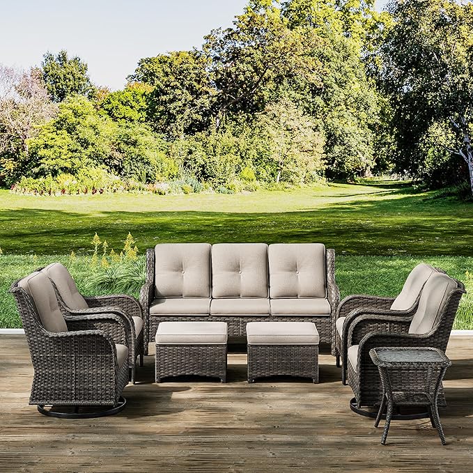 Joyside Wicker Patio Furniture Sets 8 Piece Set with 3-Seat Sofa, 2 Swivel Rocking Armchairs, 2 Armchairs, 2 Ottoman and 1 Side Table Wicker Outdoor Furniture Sectional Conversation Set, Beige