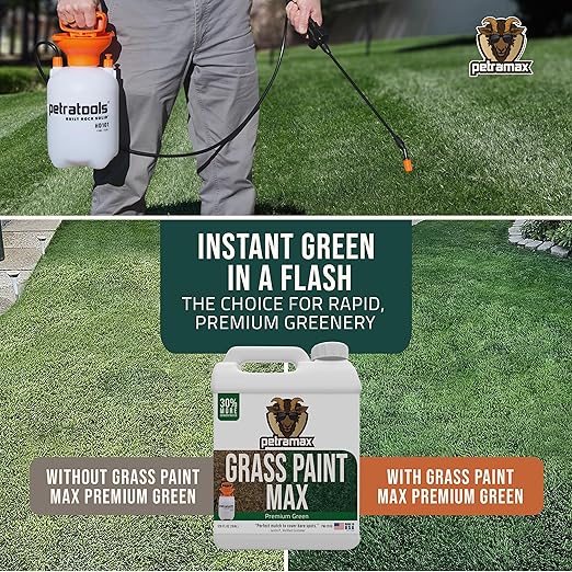 PetraMax Max Grass Paint for Lawn - Maintain Perfect Green Grass, Spray for Lawn & Shrubs Green Spray, Paint Pair with Petra Sprayers - Touch up Dog Spots - Non-Toxic Safe for Pets (Premium, 1 Gal)