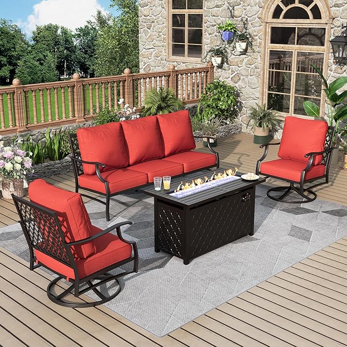 Patio Furniture Set, 4 Pcs Metal Outdoor Conversation Set, 2 Swivel Chairs and 3 Seater Sofa with 5.75" Extra Thick Cushion and Gas Fire Pit Table for Backyard Deck, Red