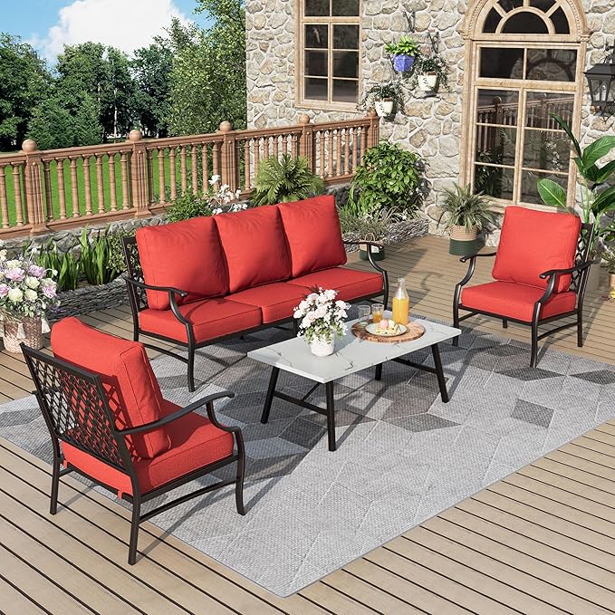 Patio Furniture Set 4 pcs, Metal Outdoor Patio Furniture, 3-Seat Sofa, 2 Single Chairs, Coffee Table and 5.75" Extra Thick Cushion, Conversation Set for Backyard Deck, Red