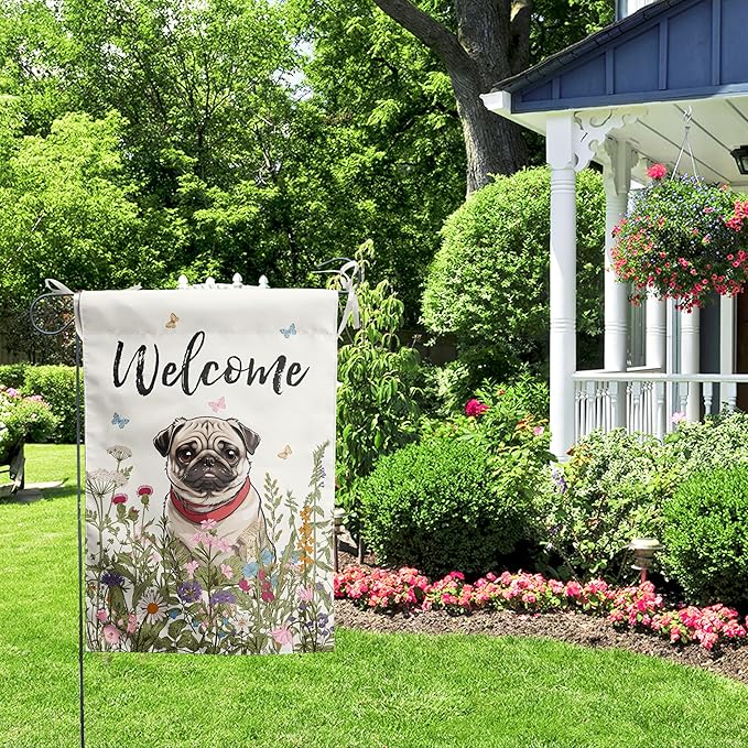 Spring Summer Flower Garden Flag Pug Outdoor Flag Floral Dog Garden Flags for Outside Small Yard Welcome Flags 12x18 Double Sided