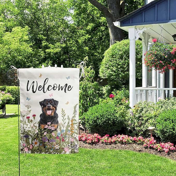 Spring Summer Garden Flag Floral Rottweiler Yard Flag Flower Dog Garden Flags for Outside Small Outdoor Welcome Flags 12x18 Double Sided