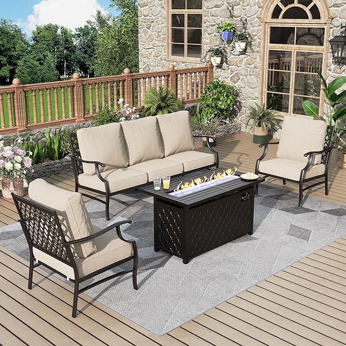 Patio Furniture Set with Firepit Table, 4 Pcs Metal Outdoor Conversation Set, 2 Single Chairs and 3 Seater Sofa with 5.75" Extra Thick Cushion and Gas Fire Pit Table for Backyard Deck, Beige