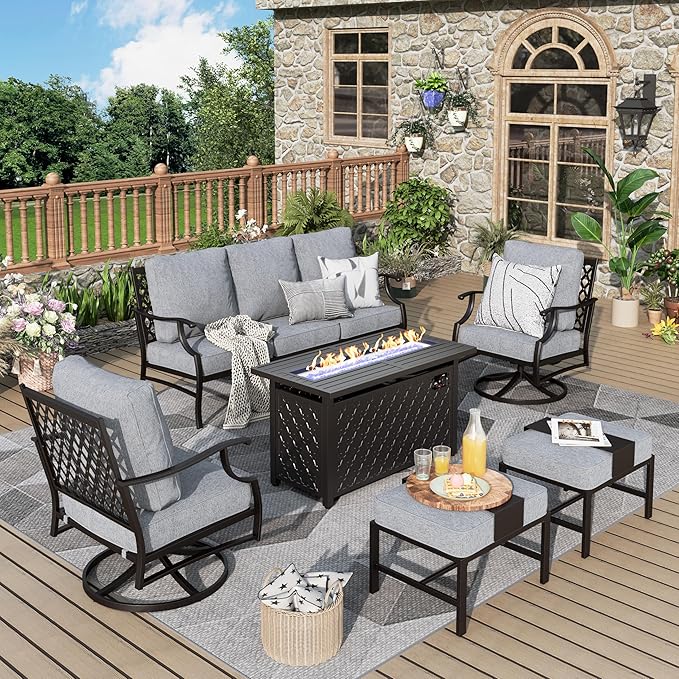 Patio Furniture Set, 6 Pcs Metal Outdoor Conversation Set, 2 Swivel Chairs, 2 Ottomans and 3 Seater Sofa with 5.75" Extra Thick Cushion and Gas Fire Pit Table, Grey
