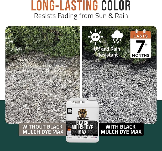 Petra Black Mulch Dye Spray Use with PetraTools Sprayer to Refresh Fading Landscape - Black Dye to Wood Mulch for Landscaping - Rubber, Pine Straw, Bark, Cedar & Playground Cover (14,400 Sq Ft, 1 Gal)