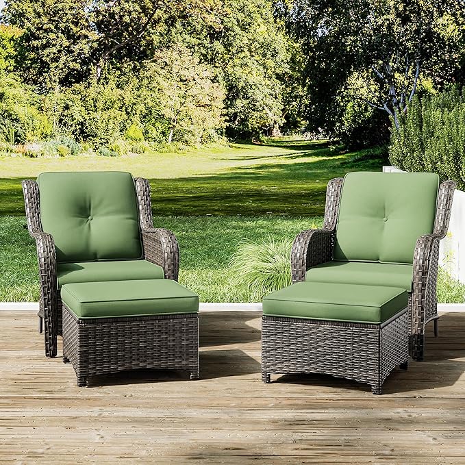 Joyside 4 Pieces Outdoor Patio Furniture Set Wicker Conversation Bistro Set 2 PE Wicker Patio with 2pcs Ottomans for Backyard, Porch, Balcony(Mixed Grey/Green)