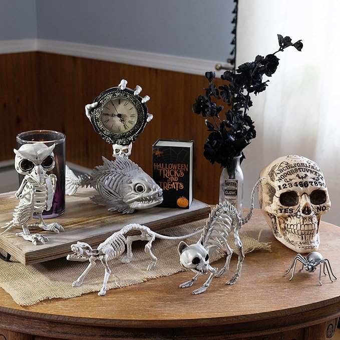 SCS Direct Owl Skeleton Halloween Decoration (2 Pack) - 6.5" Long - Weather Resistant for Indoor/Outdoor - Upgrade Your Fall Graveyard Haunted House Party Props, Trick-or-Treat Decor