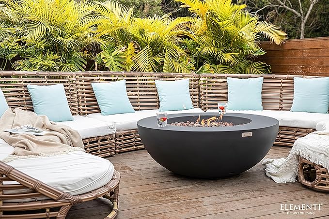 Elementi | Lunar Gas Fire Pit Cast Concrete 42" Round Fire Table, Outdoor Fire Pit Electronic Ignition | Canvas Cover, Lava Rock Included | Dark Gray (Natural Gas)