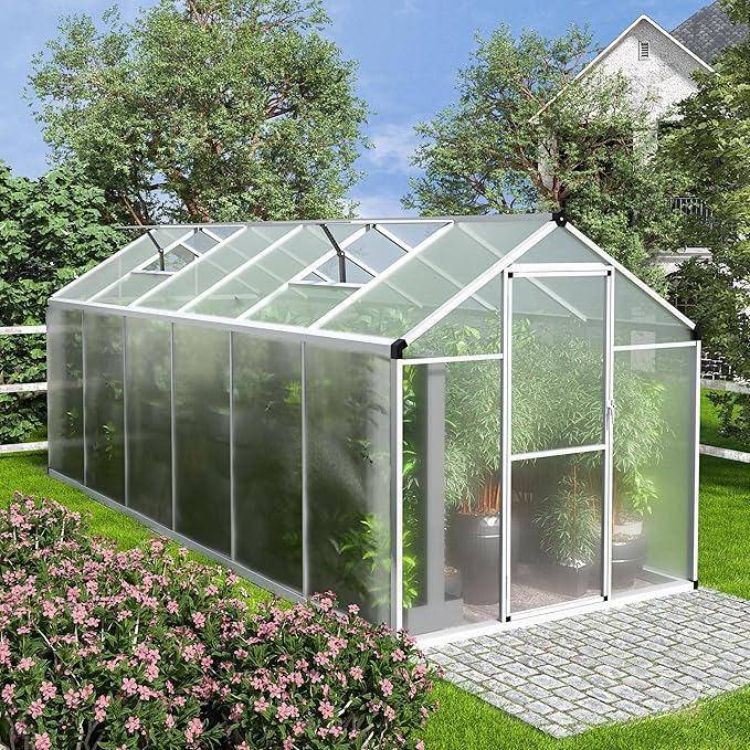 6' x12' Double-Wall Polycarbonate Aluminum Greenhouse Kit for Outdoor, Walk-in Greenhouse with Lockable Door and Adjustable Roof Vent, Backyard Garden in Winter, White