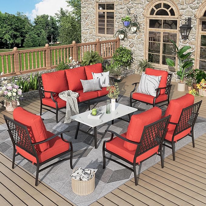 Patio Furniture Set 6 pcs, Outdoor Patio Furniture, 1 X 3-Seat Sofa, 4 X Single Chairs, 1 X Coffee Table and 5.75" Extra Thick Cushion, Patio Conversation Set,Red