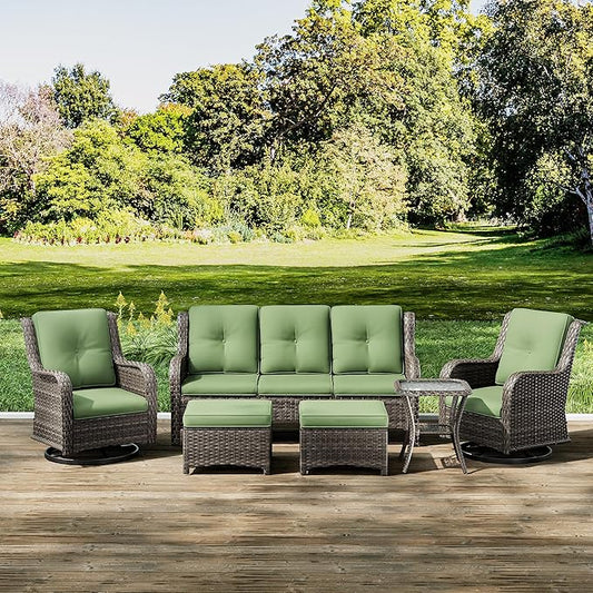 Joyside Wicker Patio Furniture Set 6 Piece Set with 1 Three-Seat Sofa, 2 Swivel Rocker Chairs, 2 Ottomans and 1 Side Table, Outdoor Furniture Patio Conversation Sets(Mixed Grey/Green)