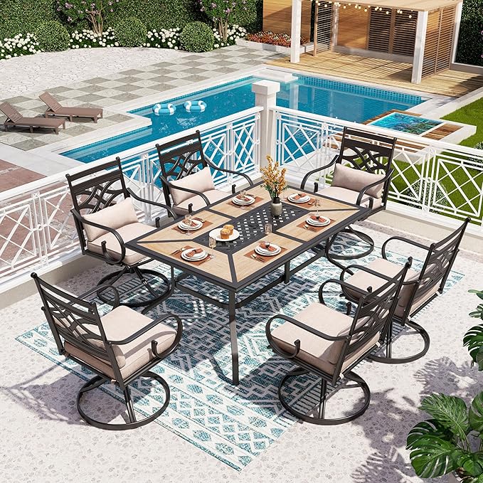 PHI VILLA Patio Dining Set for 6, 7 PCS Outdoor Dining Sets - 1 Rectangle 37x60in Dining Table (1.57" Umbrella Hole) & 6 Swivel Dining Chairs,Metal Patio Furniture for Outdoor Kitchen Lawn and Garden