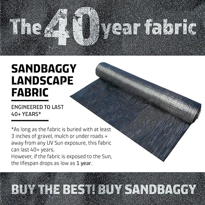 Sandbaggy 10 ft x 15 ft Landscape Fabric | Weed Barrier, Ground Cover, Garden | Industrial Grade Fabric | 135 Lbs of Tensile Strength | UV Protected | Approved by DOT (1 Roll - 10 ft x 15 ft)